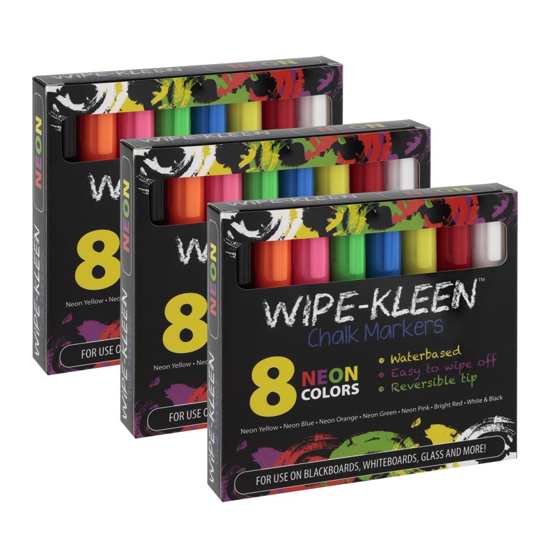 Wipe-Kleen Liquid Chalk Board Window Markers, Non Toxic Dry Erasable Pens  for Cafe Menu Signs, Blackboard, Whiteboard & Glass- Bullet or Chisel  Reversible Tips NEON Color- Set of 8 [3-Pack] 