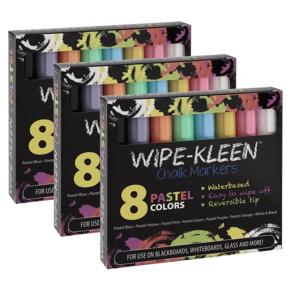 Wipe-Kleen Liquid Chalk Board Window Markers, Non Toxic Dry Erasable Pens for Cafe Menu Signs, Blackboard, Whiteboard & Glass- Bullet or Chisel Reversible Tips PASTEL Color- Set of 8  [3-Pack]