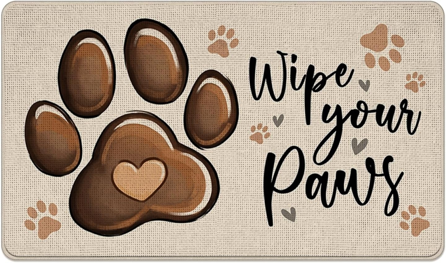 Wipe Your Paws Welcome Front Door Mat, Dog Cat Paw Prints Decorative Doormat Non-Slip Floor Entryway Rug Pet Lover Gift, Low Profile Indoor Outdoor Home Kitchen Decoration 17x29 Inches