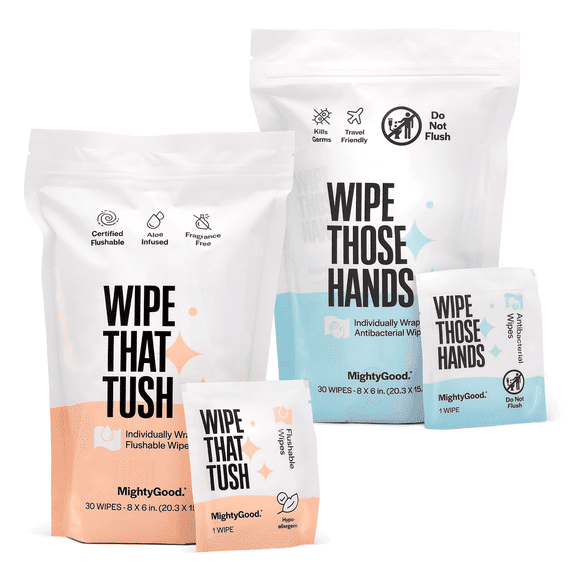 Wipe That Tush 30 Count Individually Wrapped Flushable & Wipe Those Hands 30 Count Individually Wrapped Combo Pack - 2 packs of 30 Wipes - 60 Wipes Total - Travel Friendly