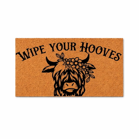 Wipe Your Hooves Doormat, Funny Welcome Mat, Highland Cow Floral Design, Farmhouse Front Door Rug, New Home Gift 5420 (16x24 inches) 5420