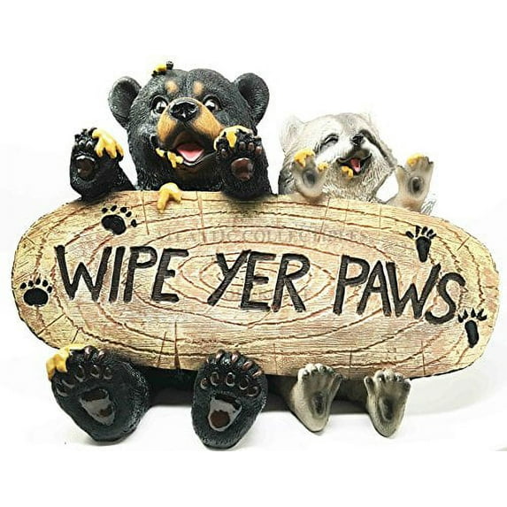 Wipe Your Paws Home Welcome Sign Honey Black Bear and Raccoon Sculpture Figurine