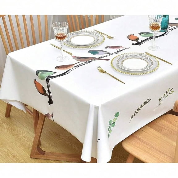 Wipeable Waterproof PVC Tablecloth For Rectangular Or Square Dining Table With Bird And Leaf Print, Birds Design