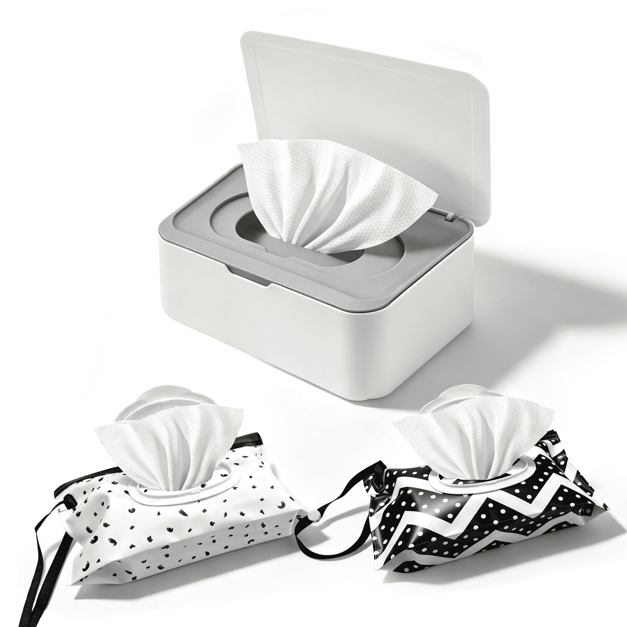GARITIN Wipes Dispenser Set, 1 Hard Wipes Storage Box + 2 Portable Reusable Wet Wipe Pouch, Airtight Moisture‑Lock Wipes Container for Kitchen Wipes, Travel, Home Office