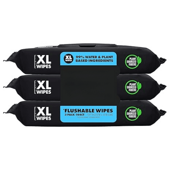Wipes - Flushable Wipes - 3 Pack, 144 Wipes - Unscented Extra-Large Adult Wet Wipes - Vitamin-E & Aloe - Septic and Sewer Safe