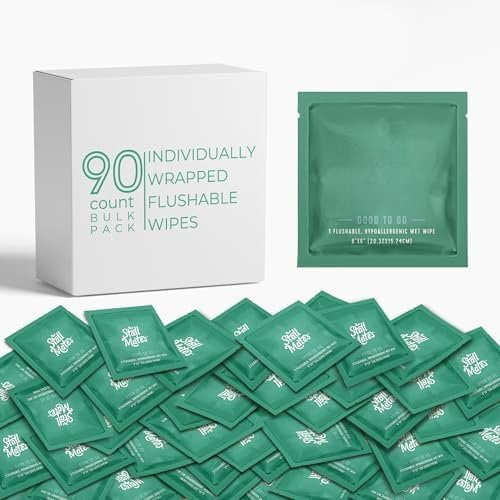Wipes - Flushable Wipes | Individually Wrapped | Travel Friendly | Unscented with Vitamin-E & Aloe | (90 -the-go singles)