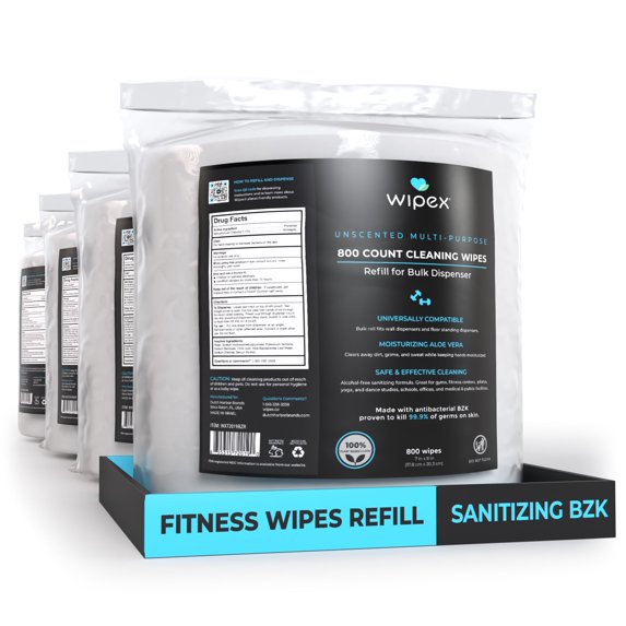 Wipex Fitness Equipment Wipes with Sanitizing BZK Refill Rolls 800ct, 4pk