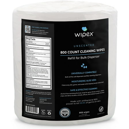Wipex Gym & Fitness Cleaning Wipes with BZK, 800 ct Refill Roll for Dispensers, 1 Refill Roll
