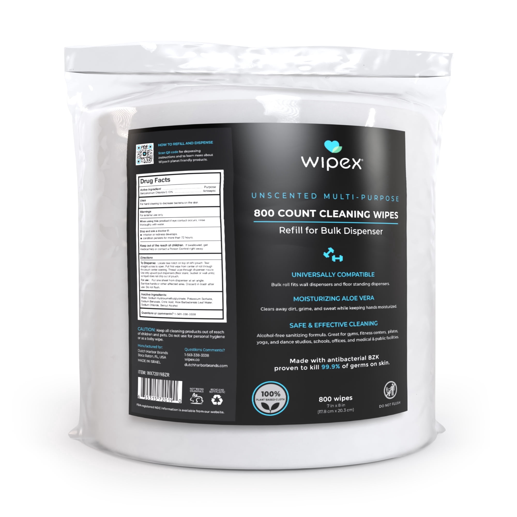 Wipex Gym Wipes for Fitness Equipment, Plant-Based Alcohol-Free Cleaning Wipes Refill Roll with Aloe Vera & BZK, 800 Count