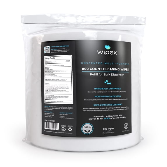 Wipex Gym Wipes for Fitness Equipment, Plant-Based Alcohol-Free Cleaning Wipes Refill Roll with Aloe Vera & BZK, 800 Count