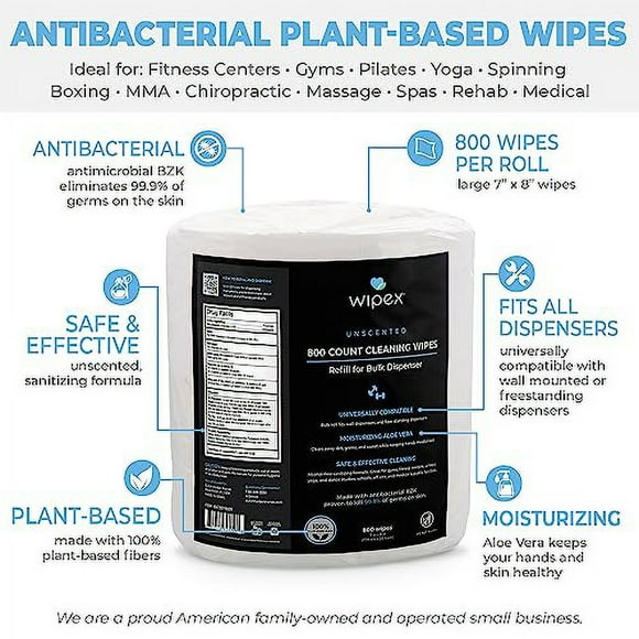 Wipex Gym & Fitness Wipes, 800 ct with BZK Antiseptic Refill Roll for Dispensers 2 Packs (1600 Wipes)