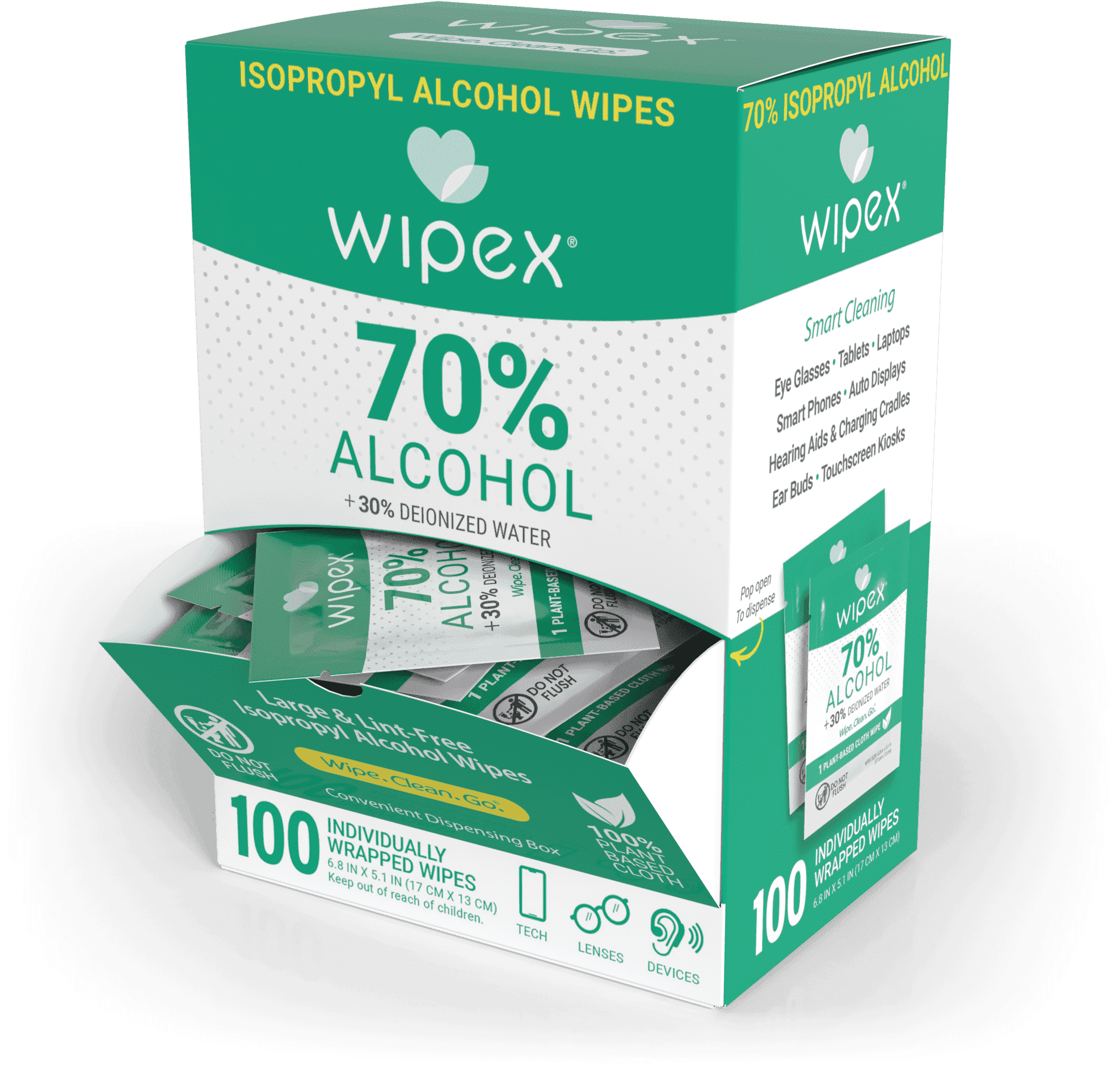 Wipex 70% Isopropyl Alcohol (IPA) All Purpose Cleaning Wipes, Individually Wrapped Surface Wipes in Dispenser Box, 100 Count