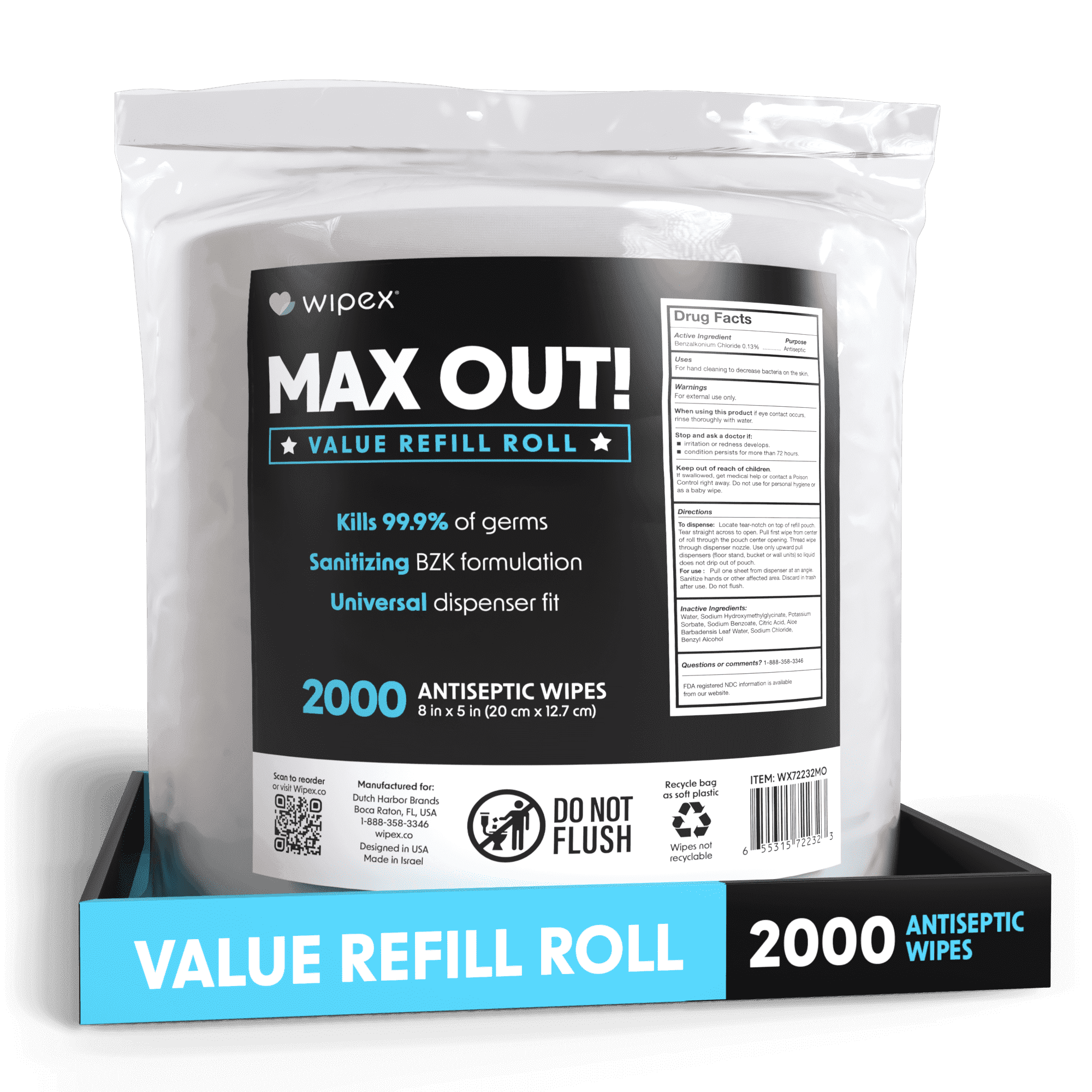 Wipex Max Out Sanitizing Gym Wipes Refill Roll, 2000 Count, 5" x 8", Commercial Dispenser Wipes for Fitness Centers, Schools, Offices & Public Facilities