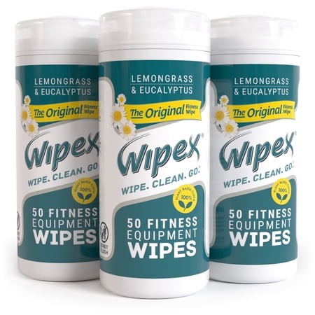 Wipex Gym Wipes for Fitness Equipment, Plant-Based Cleaning Wipes, Lemongrass & Eucalyptus, 50 Count Each, 3 Pack