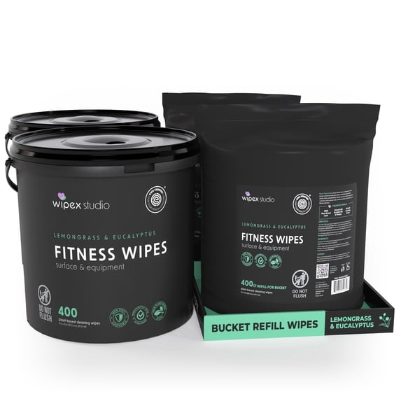 Wipex Gym Wipes Bundle, EWG Verified Plant-Based Fitness Cleaner, 1600 Total Wipes, 2 Buckets + 2 Refills, Lemongrass & Eucalyptus