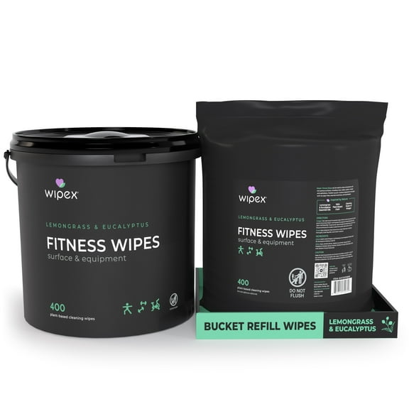 Wipex Natural Plant-Based Gym Wipes Starter Pack - Dispenser Bucket with Wipes + Extra Refill - Lemongrass & Eucalyptus