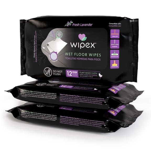 Wipex Plant Based XL Wet Floor Wipes for Squeegee Stick, Cuban Mop & Fabuloso Mop Heads - Lavender Scent, Huge Disposable Wipes (24" x 14") 12 Count (Pack of 3)