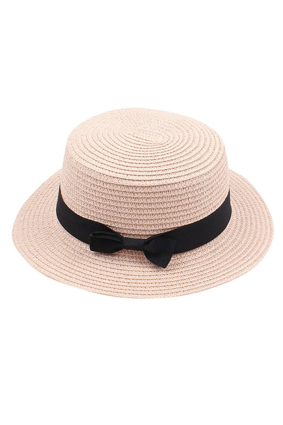 Classic Bow Sun Hat for Women Straw Boater Visor for Outdoor Beach Garden and Travel Pink