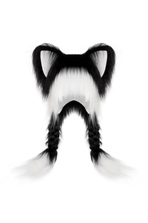 Cute Plush Animal Ear Hat With Braid Detail Winter Warm Knit Ear Muffs For Casual Outfit Kawaii Style Cosplay Black