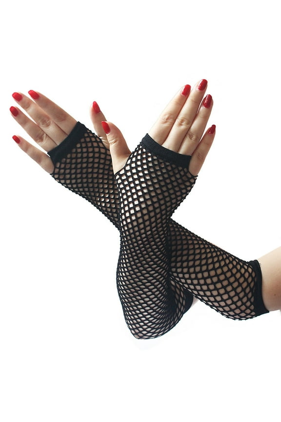 Neon Fingerless Mesh Gloves for Women High Elasticity Fishnet Long Gloves for Concerts Costume Party and Fashion Black