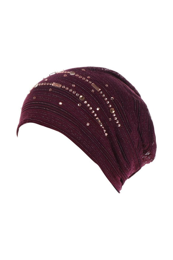 Shimmering Rhinestone Turban Wrap for Women Soft Cotton Chemo Beanie with Elegant Ruffle Design Wine