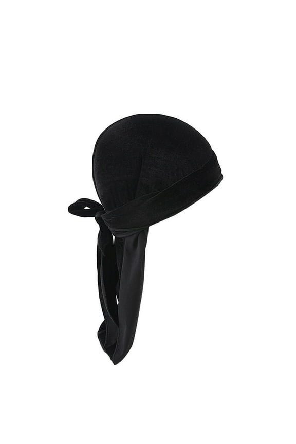 Soft Velvet Wrap Hat for Women Long Tail Head Cover with Wide Adjustable Tie Bands 360 Coverage Sleek Lounge Hair Protection Black