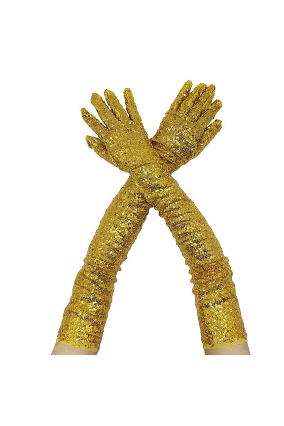 Sparkly Sequin Gloves Long Elastic Evening Gloves for Women Party Performance and Costume Elegant Stretch Fit Gold