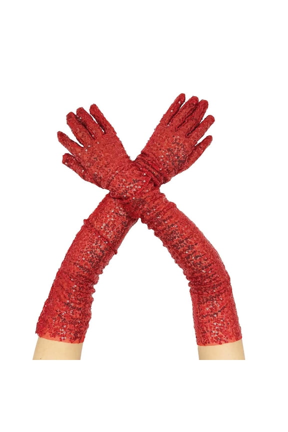 Sparkly Sequin Gloves Long Elastic Evening Gloves for Women Party Performance and Costume Elegant Stretch Fit Red