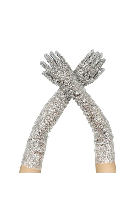 Sparkly Sequin Gloves Long Elastic Evening Gloves for Women Party Performance and Costume Elegant Stretch Fit Silver