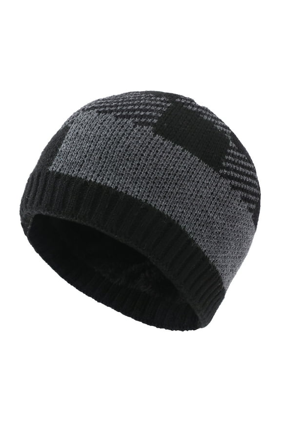 Thermal Plaid Knit Beanie Hat with Ear Coverage for Women and Men Thickened Fleece Lining for Outdoor Winter Activities Black