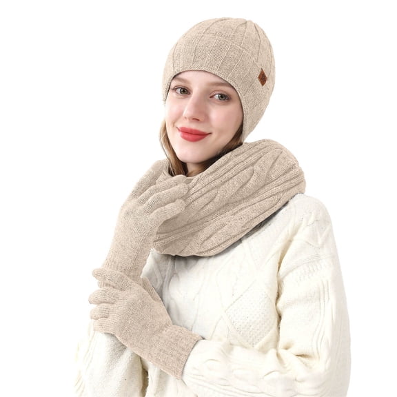Wipya Winter Hat Gloves and Scarf Set for Women Fleece Lined Knit Ensemble Cozy Cold Weather Accessories Matching Outfit Beige