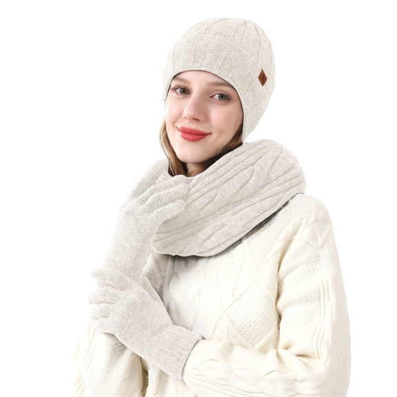 Wipya Winter Hat Gloves and Scarf Set for Women Fleece Lined Knit Ensemble Cozy Cold Weather Accessories Matching Outfit White