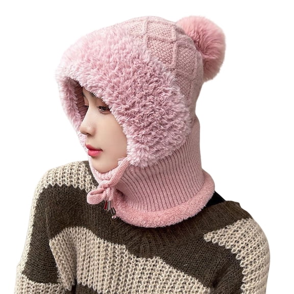 Wipya Winter Knit Hat With Ear Flaps For Women Fleece Lined Thickened Thermal Beanie Cold Weather Hat For Outdoor And Daily Wear SizeLight Pink