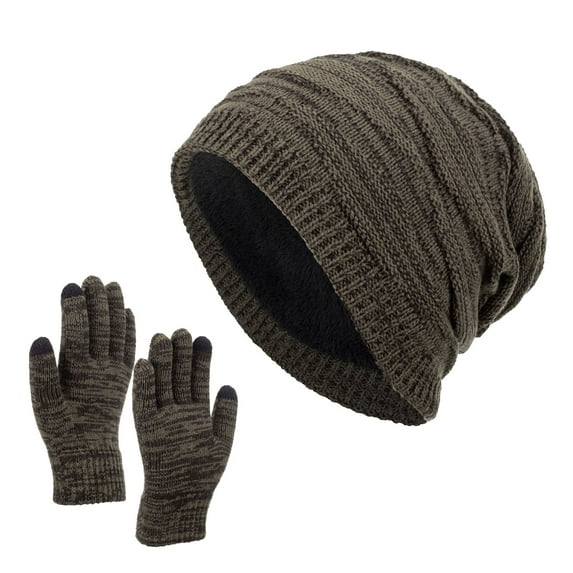 Wipya Winter Knitted Hat and Gloves Set For Women and Men With Diamond Pattern Ear Protection Thickened Warm Khaki