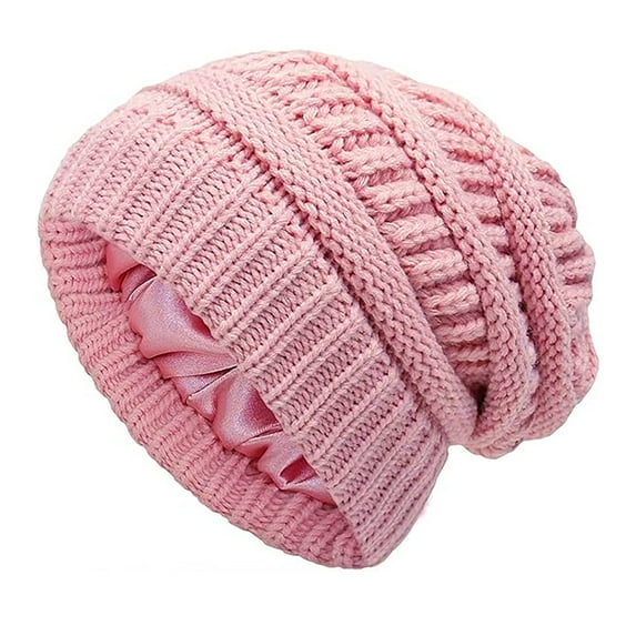Wipya Winter Satin Lined Beanie For Women Cozy Cable Knit Hat Soft Warm Thermal Cap For Cold Weather Outdoor Activities Pink