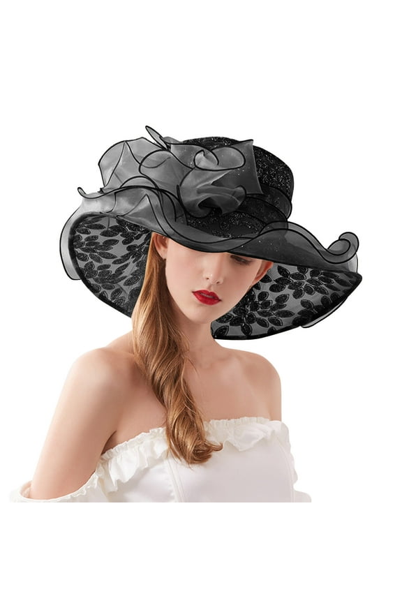 Women Summer Sun Hat Wide Brim Flower Mesh Veil Decoration For Beach Wedding Bridal Shower Elegant Outdoor Black