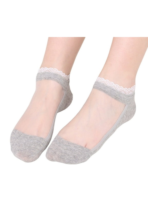 Women's Sheer Lace Socks Low Cut Breathable Crystal Silk Liners For Flats Summer Cute Ankle Socks Grey