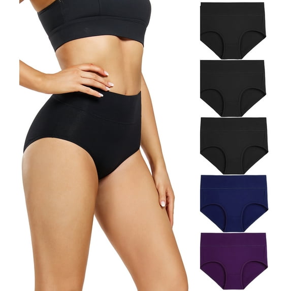 Wirarpa Women's High Waisted Cotton Panties Full Coverage Post Partum Underwear 5 Pack(2X-Large, Black/Navy/Purple)