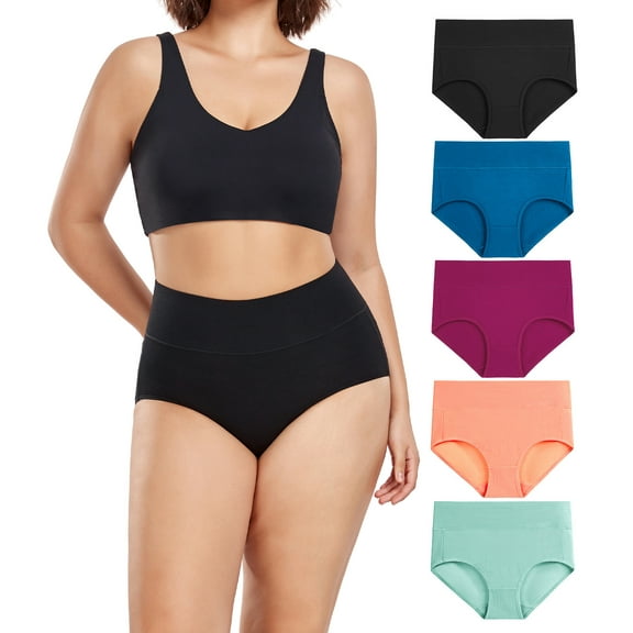 Wirarpa Women's High Waisted Cotton Panties Full Coverage Post Partum Underwear 5 Pack(3X-Large, Black/Blue/Purple/Orange/Green)