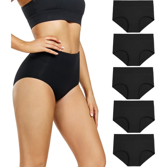 Wirarpa Women's High Waisted Cotton Panties Full Coverage Post Partum Underwear 5 Pack(Large, Black)