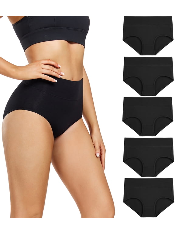 Women's High Waisted Cotton Panties Full Coverage Post Partum Underwear 5 Pack(Large, Black)
