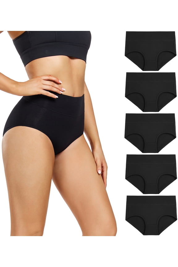 Women's High Waisted Cotton Panties Full Coverage Post Partum Underwear 5 Pack(Large, Black)