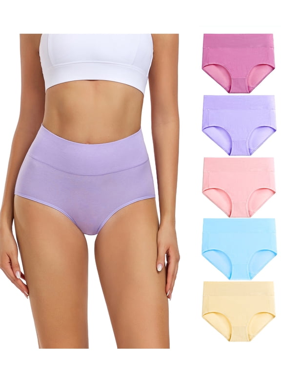 Women's High Waisted Cotton Panties Full Coverage Post Partum Underwear 5 Pack(Large, Dark Red/Light Purple/Dark Pink/Light Blue/Light Yellow)