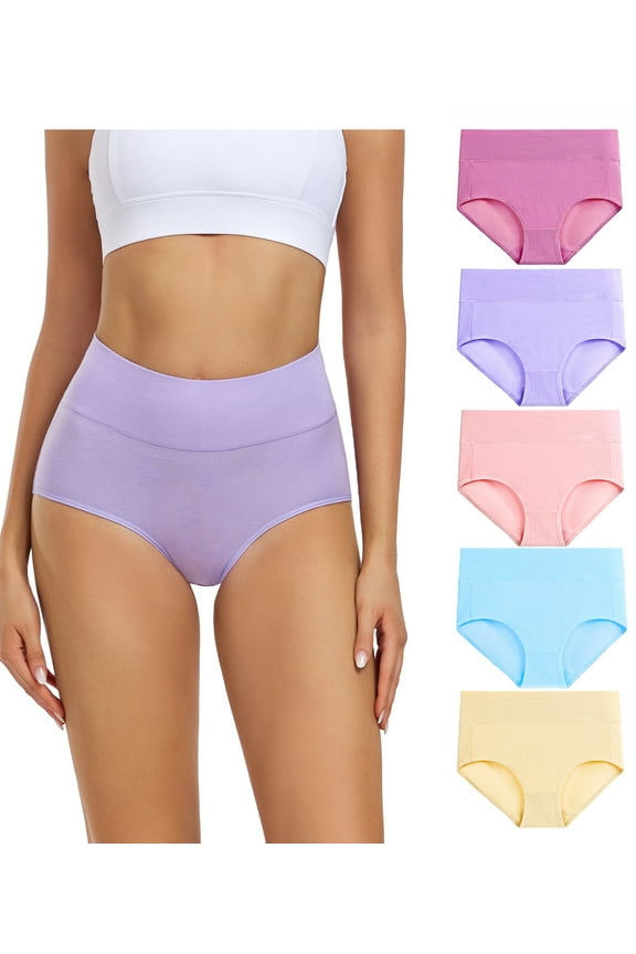 Women's High Waisted Cotton Panties Full Coverage Post Partum Underwear 5 Pack(Medium, Dark Red/Light Purple/Dark Pink/Light Blue/Light Yellow)