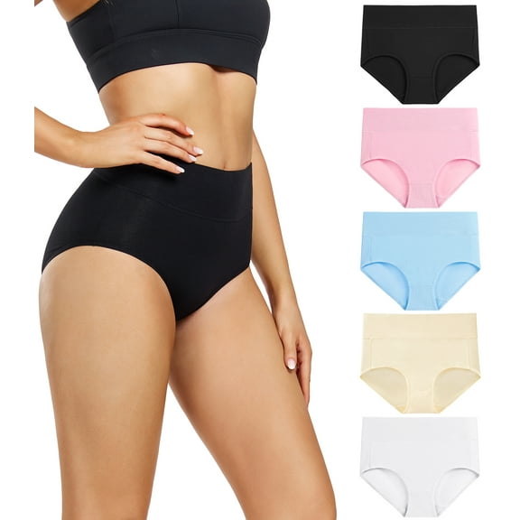 Wirarpa Women's High Waisted Cotton Panties Full Coverage Post Partum Underwear 5 Pack(X-Large, Black/Beige/Light Pink/Light Blue/White)