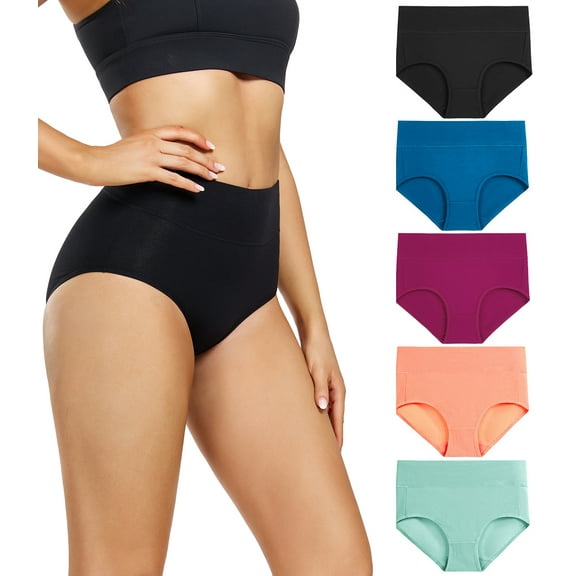 Wirarpa Women's High Waisted Cotton Panties Full Coverage Post Partum Underwear 5 Pack(X-Large, Black/Blue/Purple/Orange/Green)
