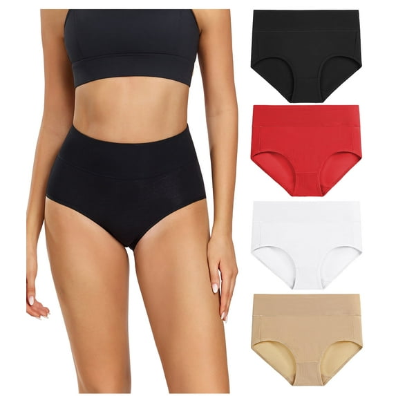 Wirarpa Women's Underwear High Waisted Full Coverage Cotton Briefs 4 Pack(2XL, Black/Beige/Red/White)