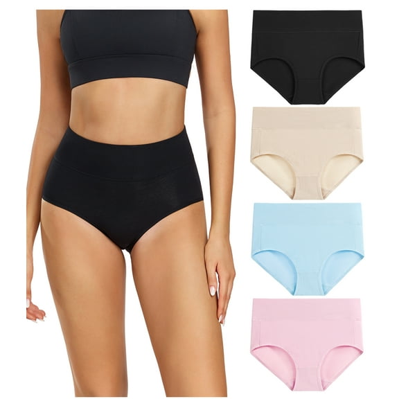 Wirarpa Women's Underwear High Waisted Full Coverage Cotton Briefs 4 Pack(M, Black/Nude/Pink/Blue)