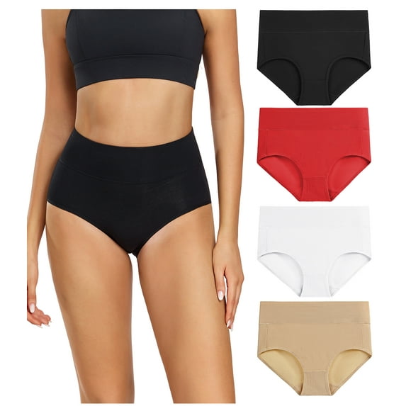 Wirarpa Women's Underwear High Waisted Full Coverage Cotton Briefs 4 Pack(S, Black/Beige/Red/White)