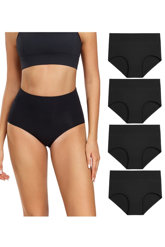 Women's Comfortable High Waisted Cotton Briefs, Full Coverage Undergarments, 4 Pack (XL, Black)
